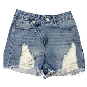 Cloud Ten Womens Asymmetrical Crossover Waist Distressed Denim Shorts Blue Small